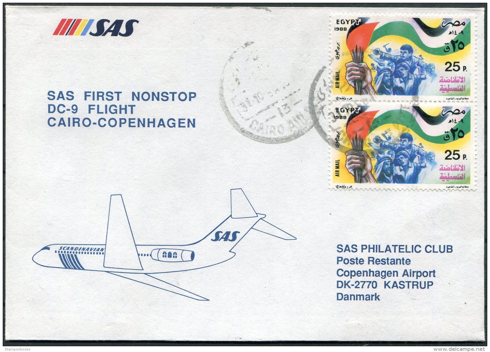 1988 Egypt Denmark SAS First Flight Cover. Cairo - Copenhagen - Aéreo