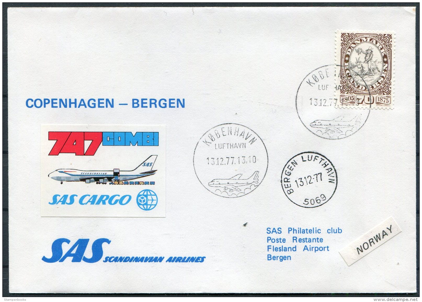 1977 Denmark SAS First Flight Cover. Copenhagen - Bergen Norway - Airmail