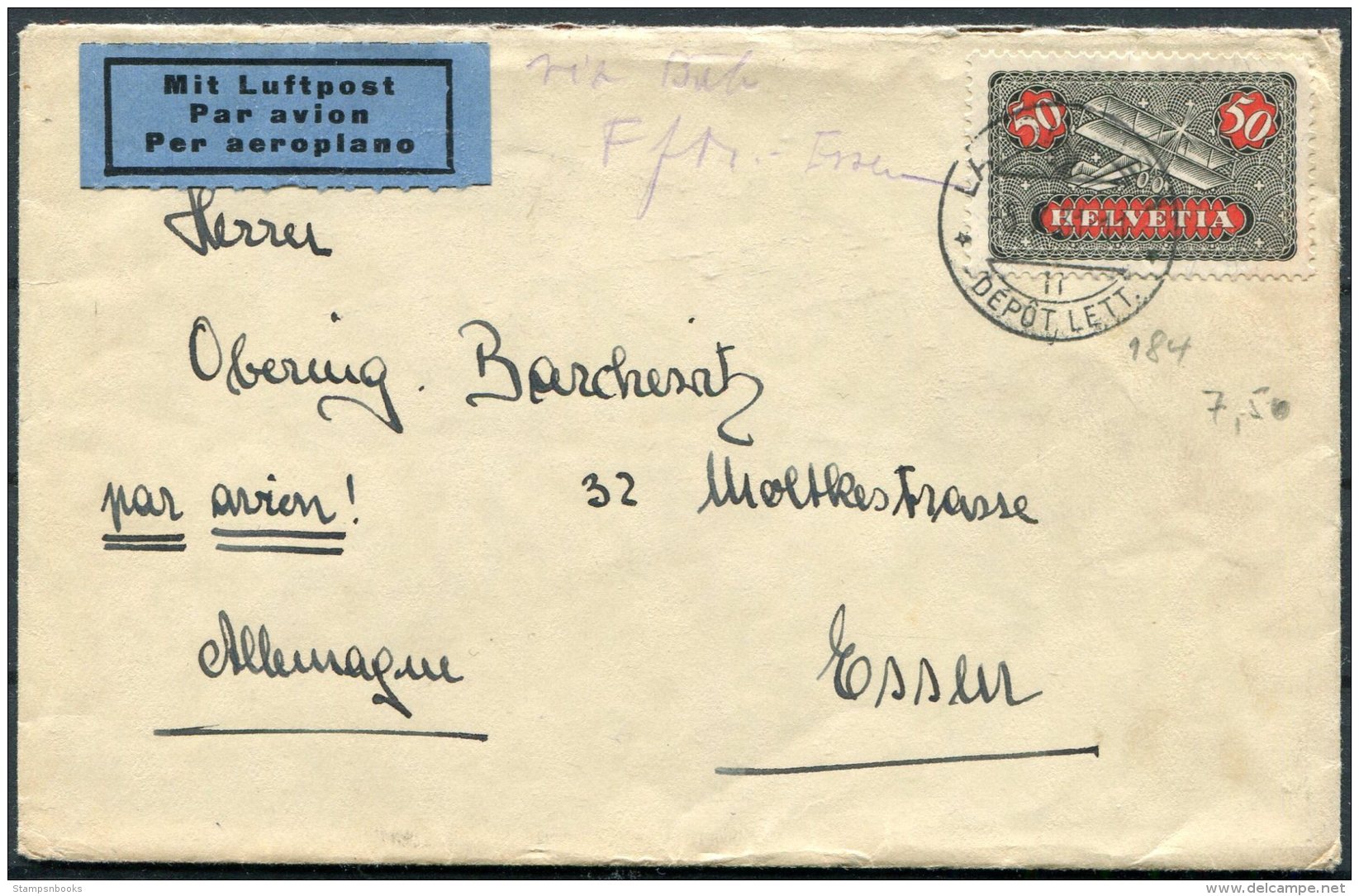 Switzerland Airmail Cover - Essen Germany - Lettres & Documents