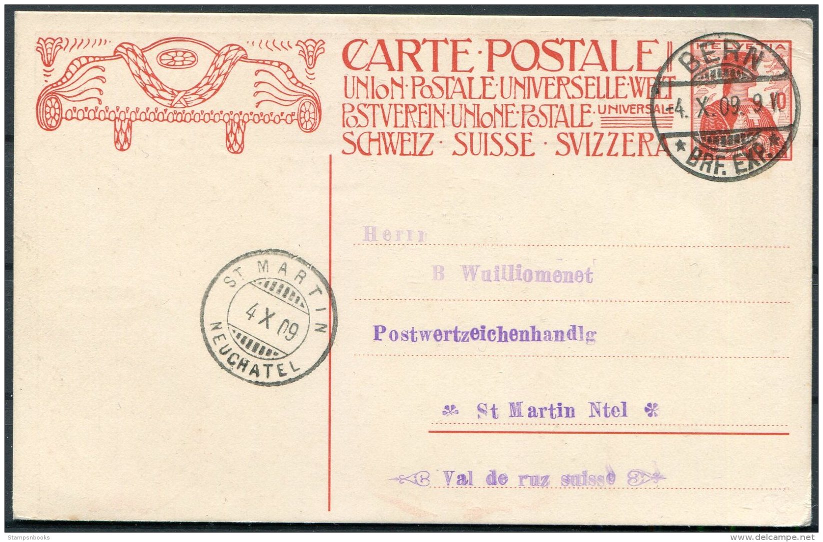 1909 Switzerland UPU Stationery Postcard Bern - St Martin, Neuchatel - Lettres & Documents