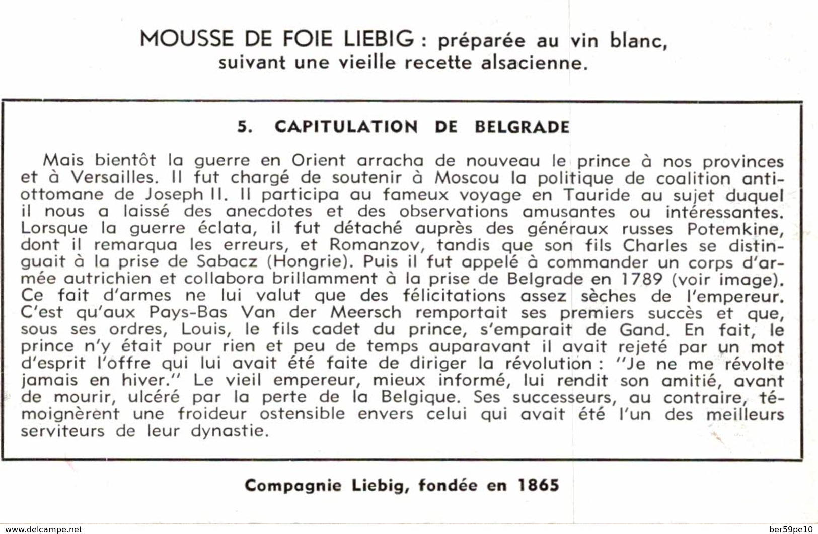 CHROMO  LIEBIG CHARLES-JOSEPH PRINCE DE LIGNE CAPITULATION DE BELGRADE - Liebig