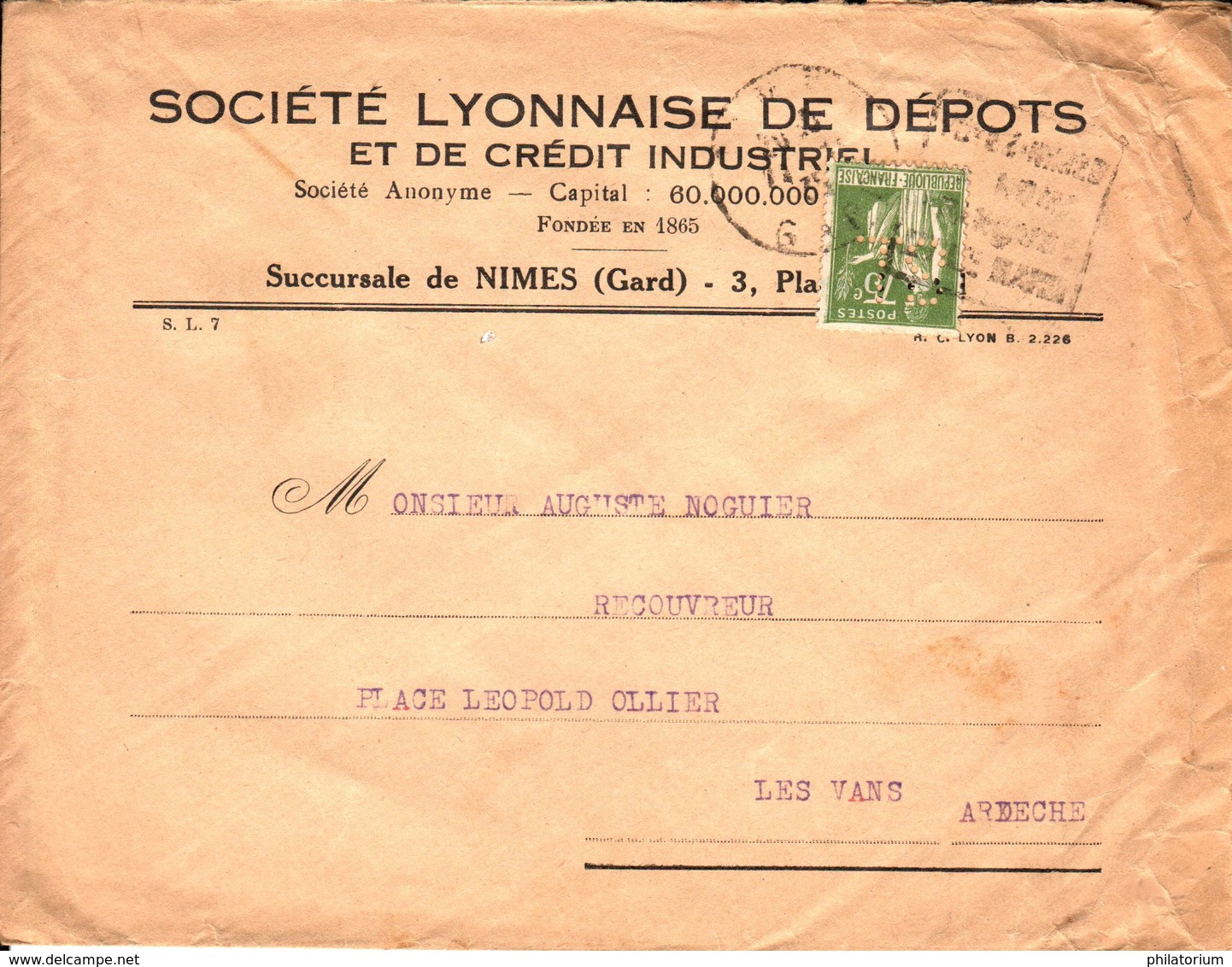 France Société Lyonnaise De Dépôts Perforé SL 28 12 1935 Nîmes Sur Type Paix (perfin) - Autres & Non Classés