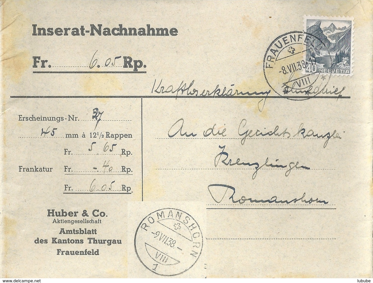 NN Streifband  "Amtsblatt Des Kantons Thurgau, Frauenfeld" - Romanshorn          1938 - Briefe U. Dokumente