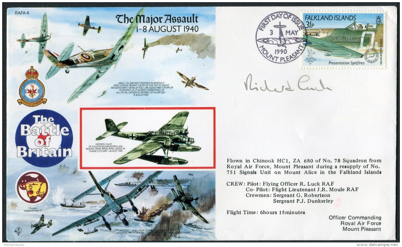 1990 Falkland Islands AF Mount Pleasant Flight Cover. 1940 Battle Of Britain Spitfire - Islas Malvinas