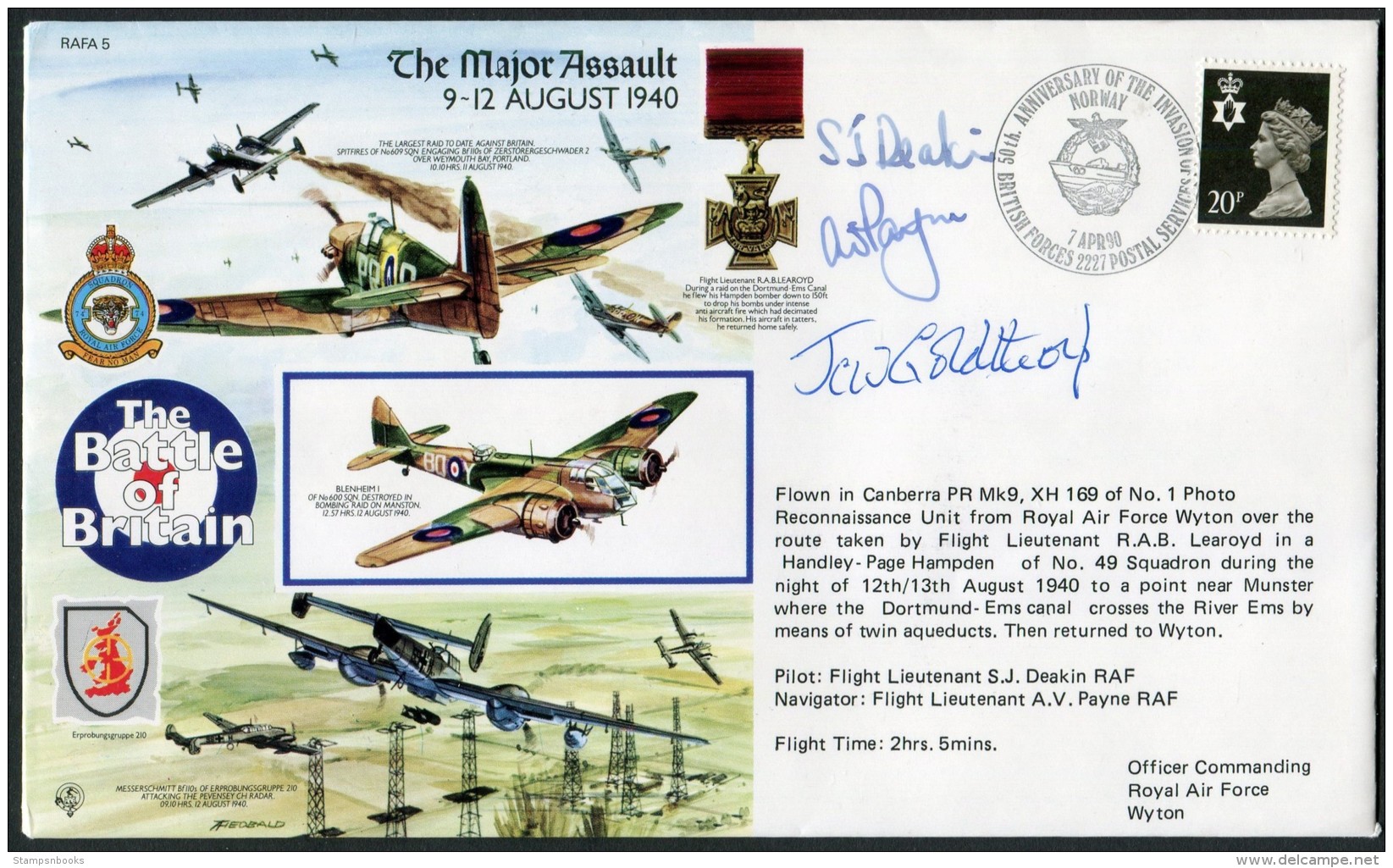 1990 GB RAF Wyton Signed BFPS Flight Cover. 1940 Battle Of Britain Spitfire Norway. Victoria Cross - Covers & Documents