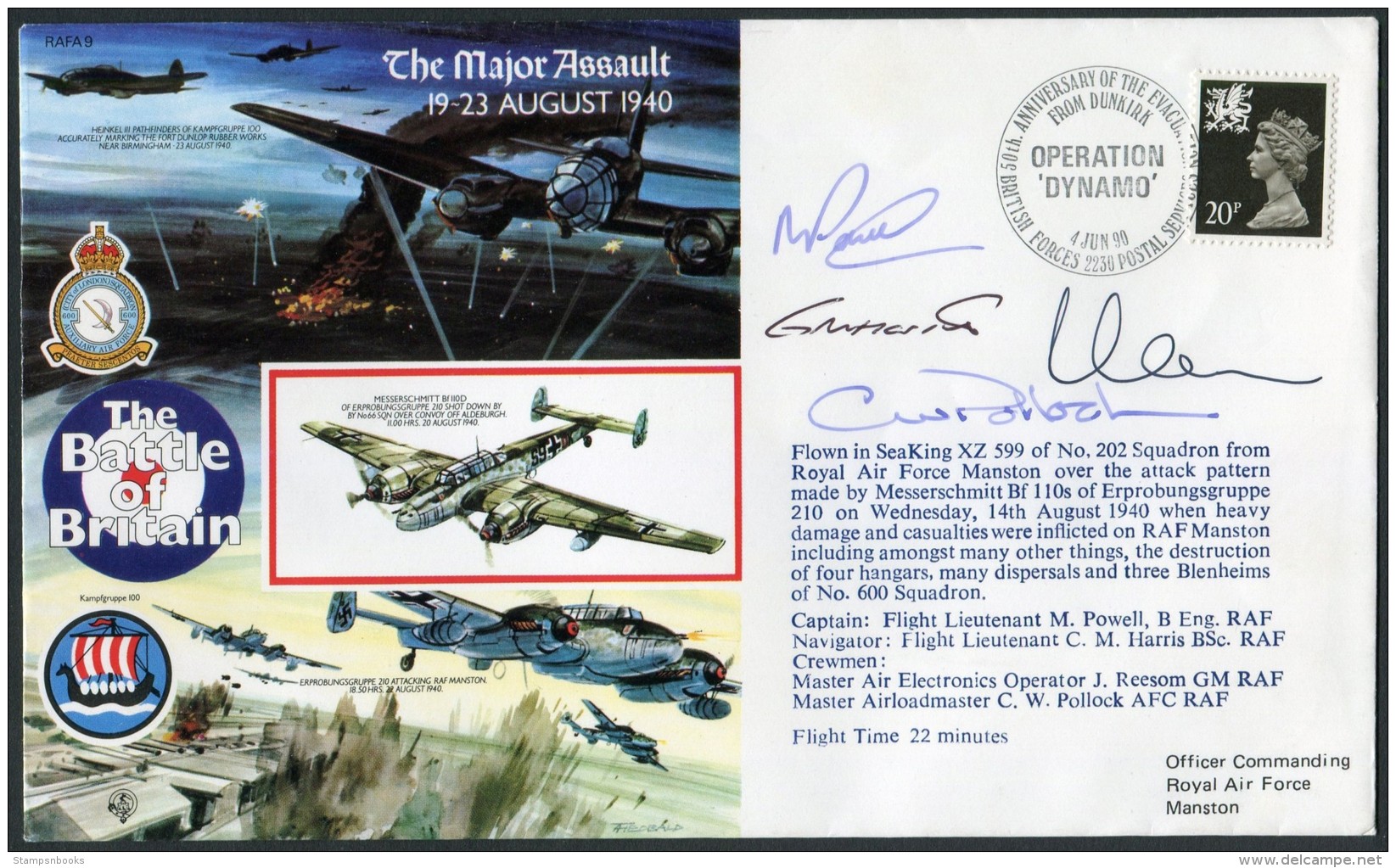 1990 GB RAF Manston Signed BFPS Flight Cover. 1940 Battle Of Britain. Dunkirk - Covers & Documents