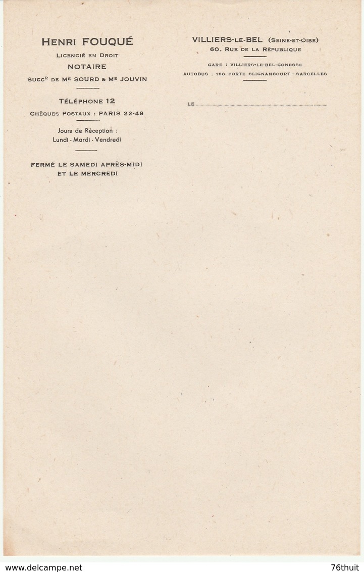 VILLIERS-LE-BEL (78) - Papier à Lettres - Henri FOUQUE, Notaire - Autres & Non Classés