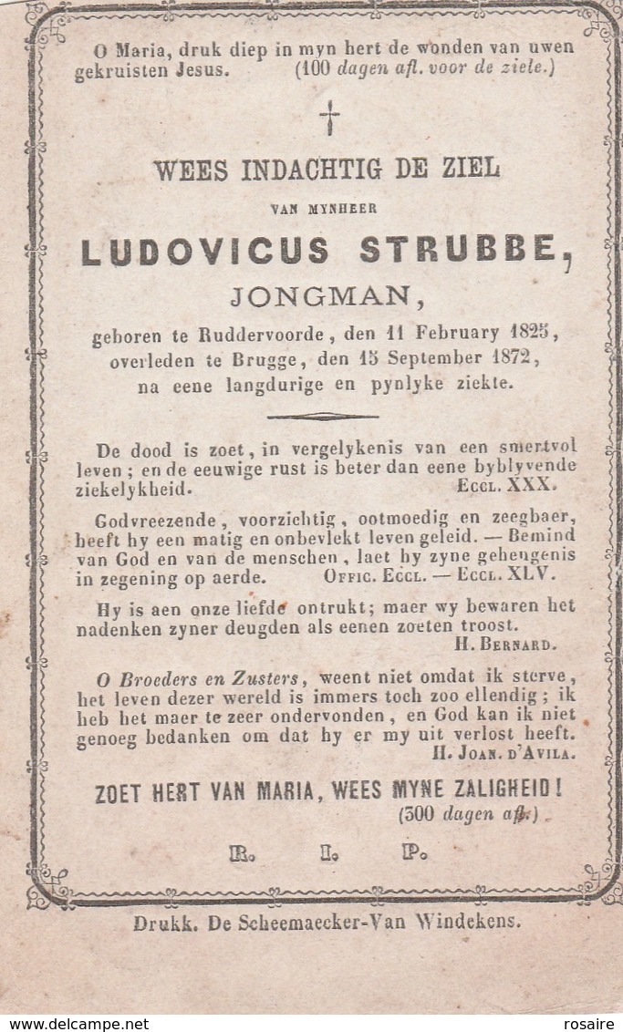 Ludovicus Strubbe-ruddervoorde-brugge 1872-bovenrand Geknipt Om Rand Heen-3puntig En Rand Weggevallen Op Scan - Images Religieuses