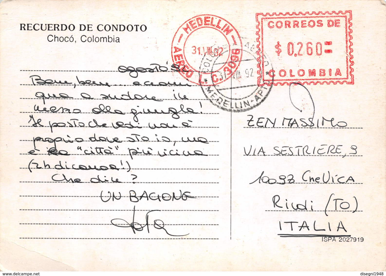 07438 "RECUERDO DE CONDOTO - CHOCO' - COLOMBIA" CART. ILL. SPED. '92 - Colombia