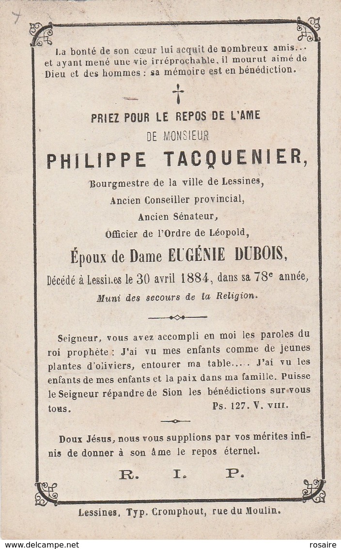 Philippe Tacquenier-bourgmestre De Lessines 1884-bovenrand Op Scan Weg Gevallen - Images Religieuses