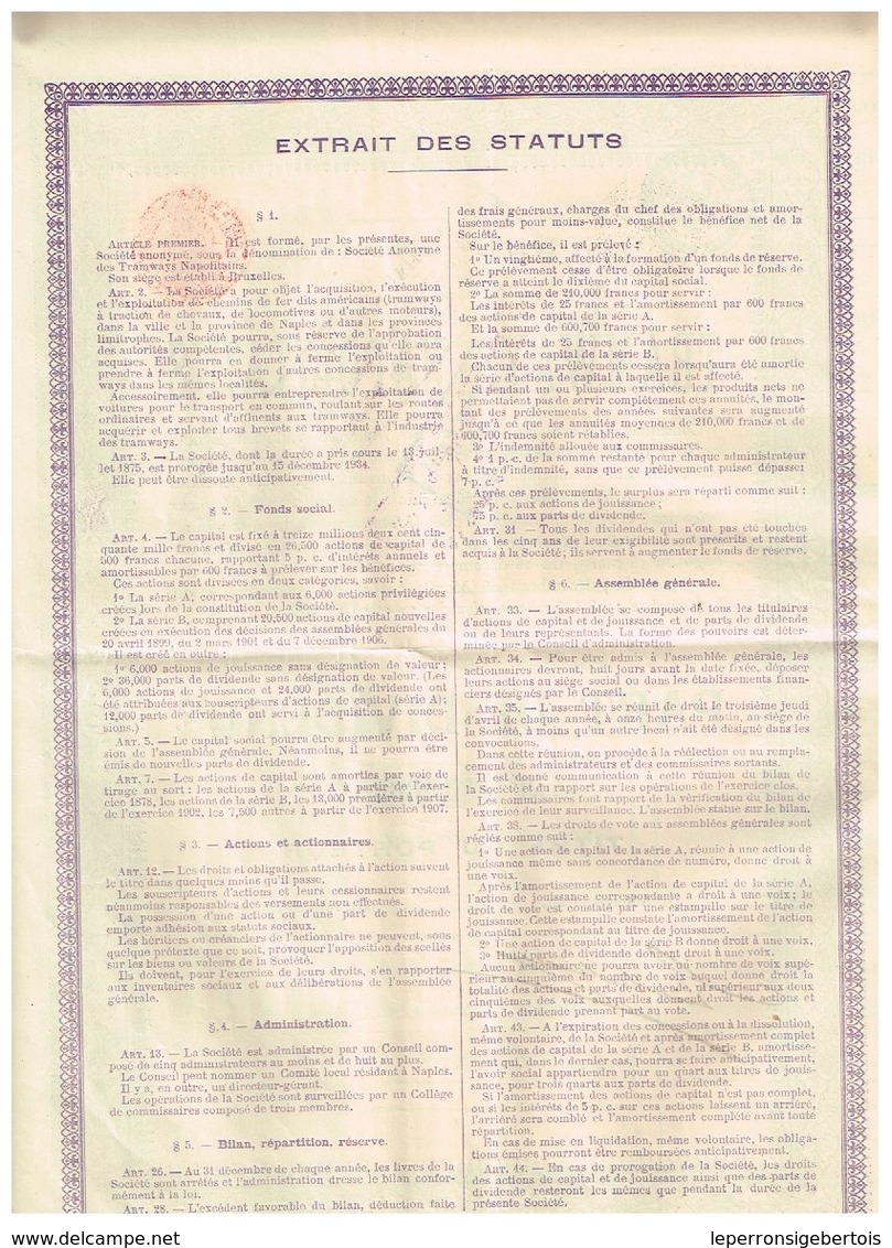 Action Ancienne - Sté Anonyme Des Tramways Napolitains - Titre De 1908 - N° 14663 - Bahnwesen & Tramways