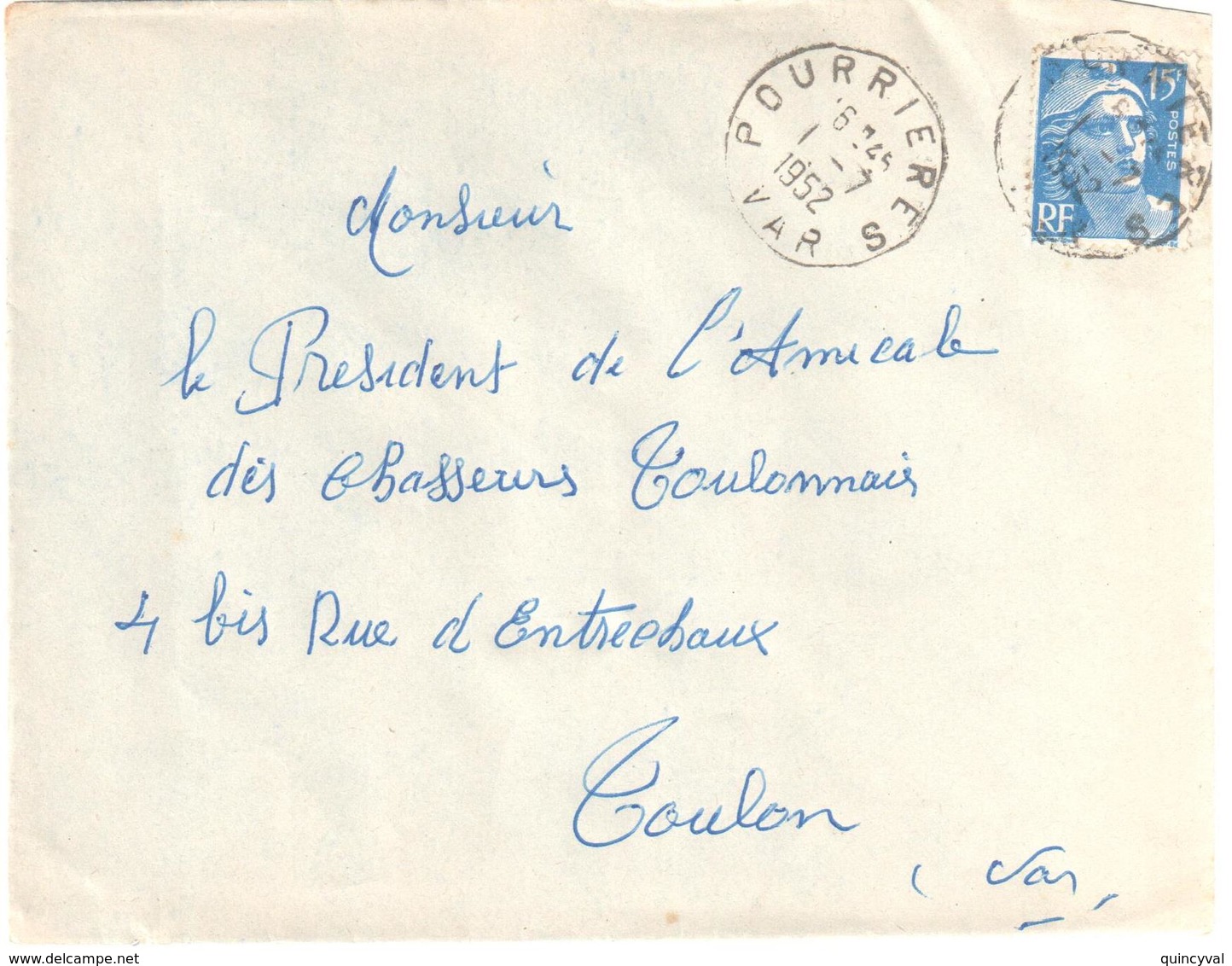 POURRIERS Var 83 Lettre 15 F Gandon Outremer  Yv 886 Ob 1 7 1952 Lautier A7 - Storia Postale