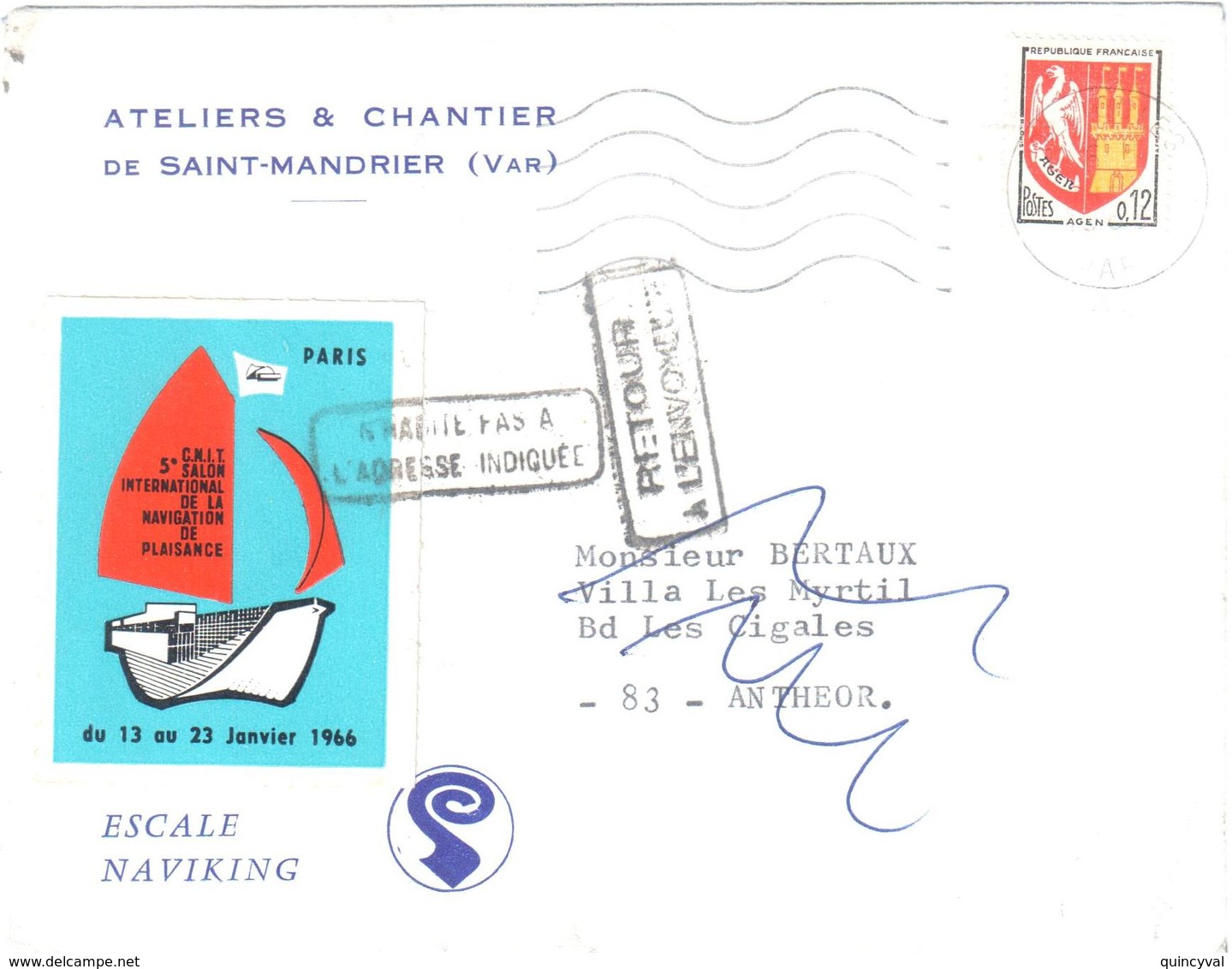 St MANDRIER 83 Var Lettre Tarif Imprimé 12c Agen Yv 1353A Retour Envoyeur Etiquette Salon Navigation Plaisance 1966 CNIT - Briefe U. Dokumente