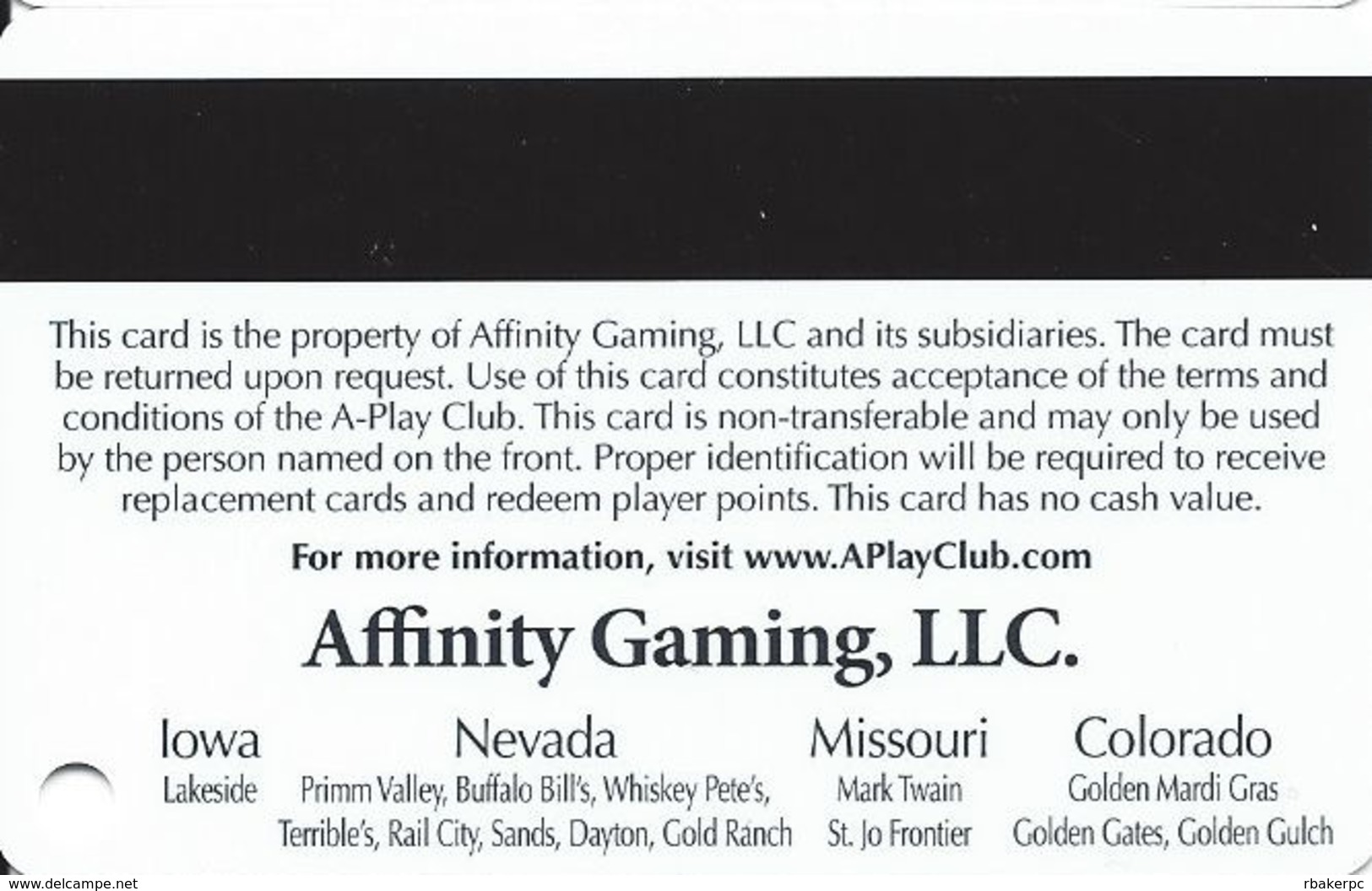 Affinity Gaming APlay Club Slot Card - Casinos In 4 States Listed On Back With Sands, Dayton & Gold Ranch - Casino Cards