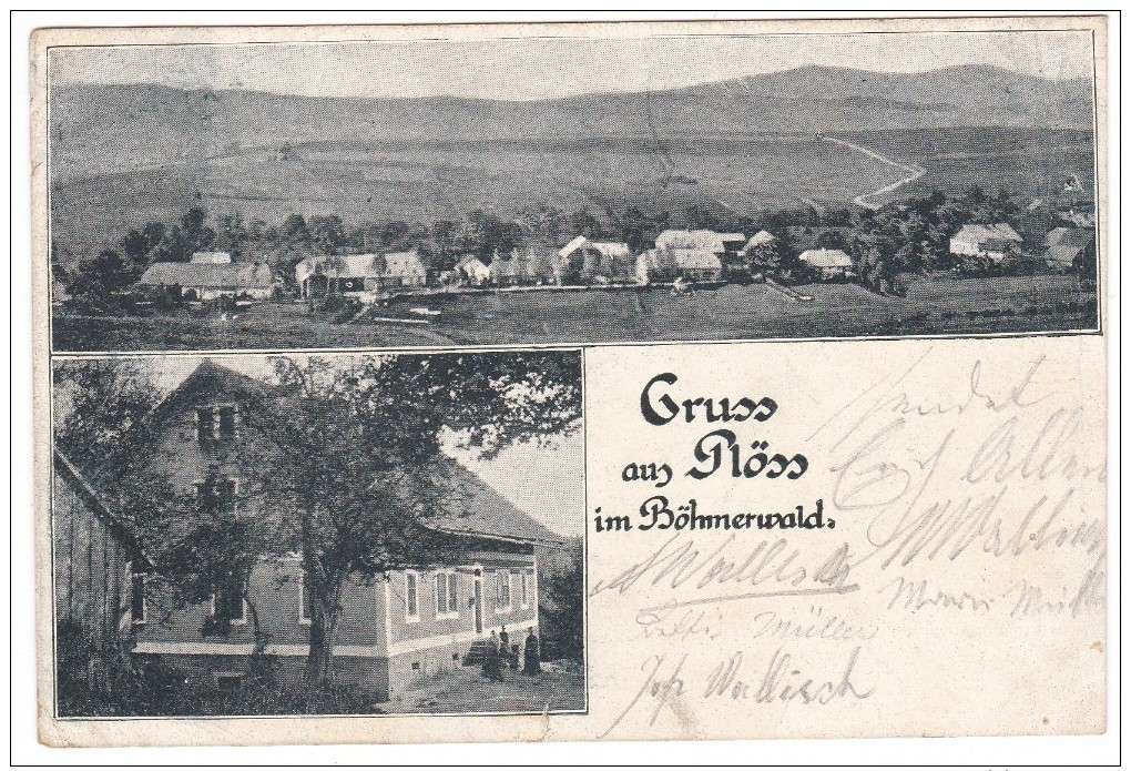 #5682 Czech, Ploss Im Bohmerwald, Breznik, Greetings Postcard Mailed 1900, Multiview: Panorama, Detail - Tsjechië