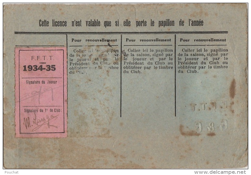 S3-  NERAC - FEDERATION FRANCAISE  DE TENNIS TABLE PARIS - RAQUETTE NERACAISE 1934 - 35 -  2 SCANS - Documentos Históricos