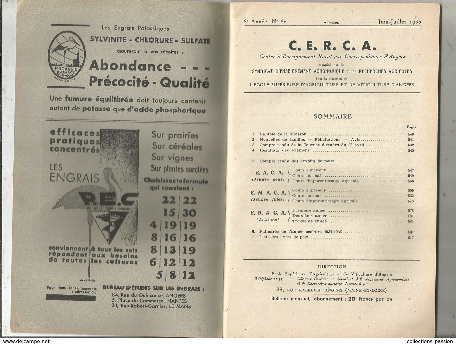 Scolaire, Centre D"enseignement Rural Par Correspondance , 06-07-08/1935, ANGERS, 78 Pages, 5 Scans  , Frais Fr 2.95 E - 18 Ans Et Plus
