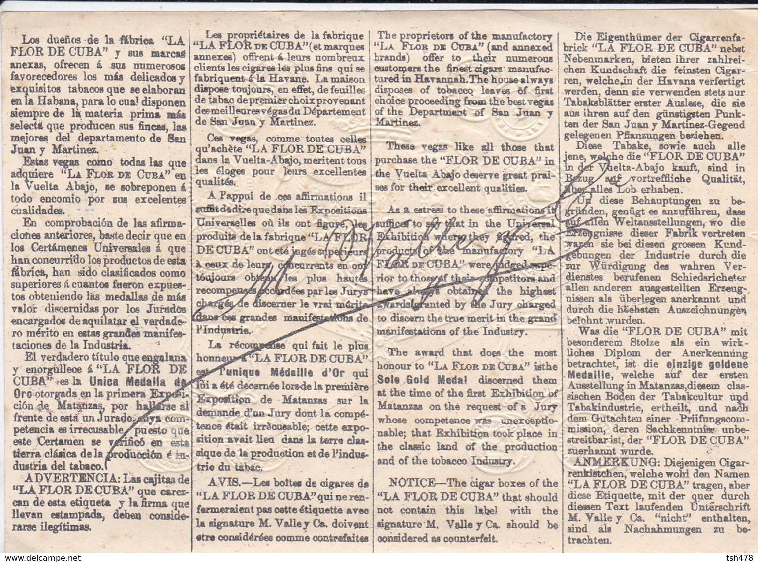 M. VALLE Y Ca--HABANA--la Flor De Cuba--proveedores De La Real Casa--voir 2 Scans - Autres & Non Classés