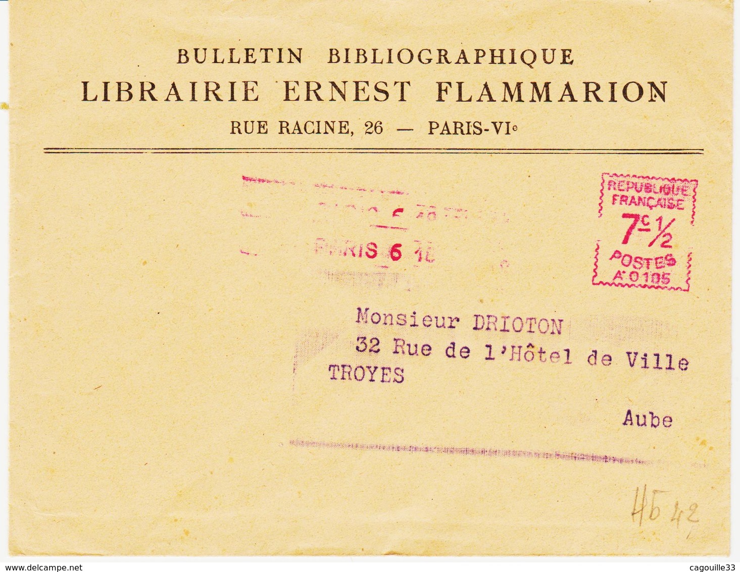 France ,  Affranchissement Mécanique  à 7 1/2 C  Machine A 0105  RR  95 Jours  TB - EMA (Printer Machine)