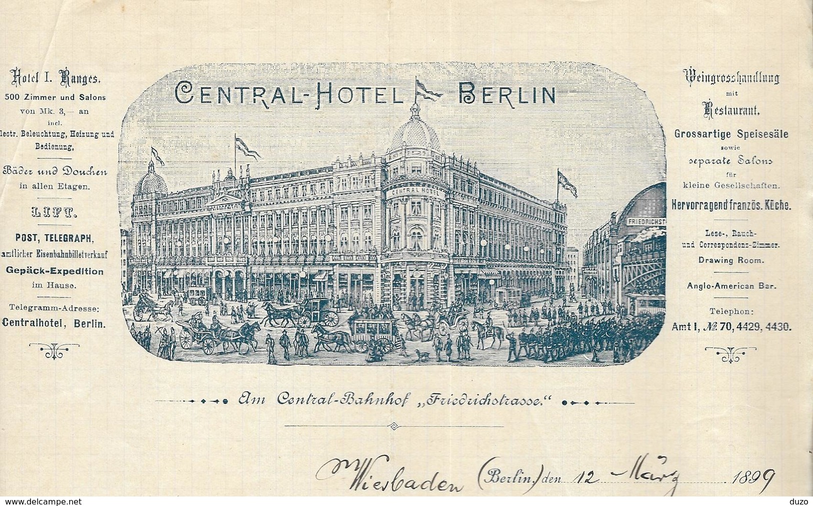 Allemagne - Berlin - Entête Du 12 Mars 1899 - Central Hôtel Berlin - Other & Unclassified