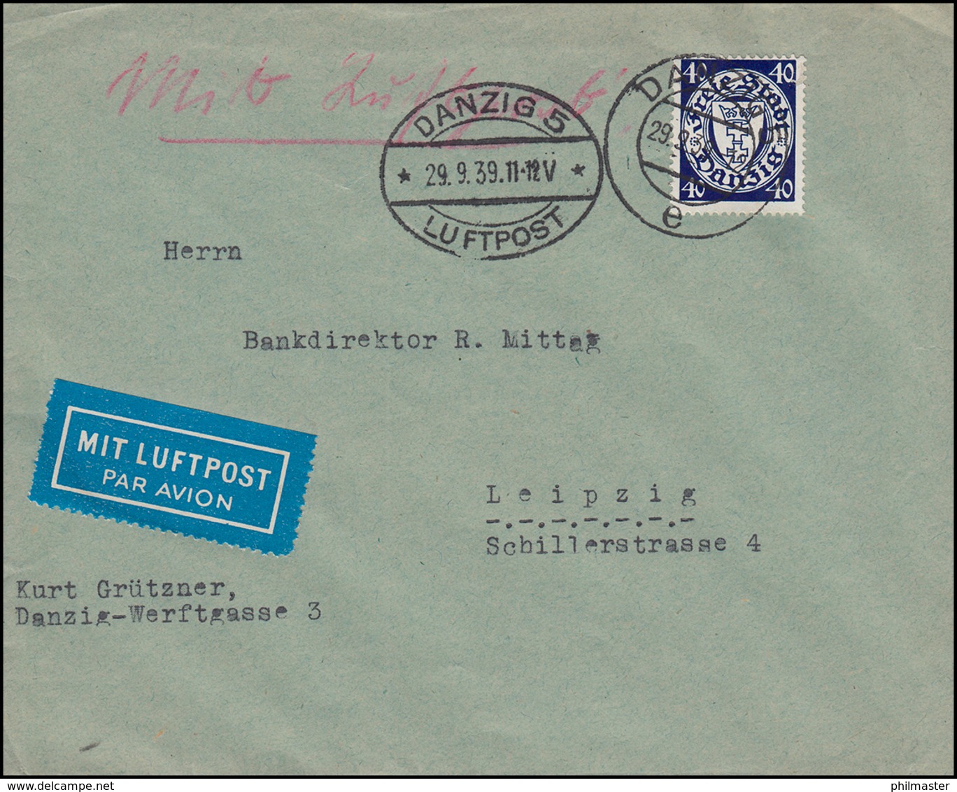 Flugpost Danzig 248 Staatswappen 40 Pf Auf Lp.-Brief DANZIG LUFTPOST 29.9.39 - Other & Unclassified