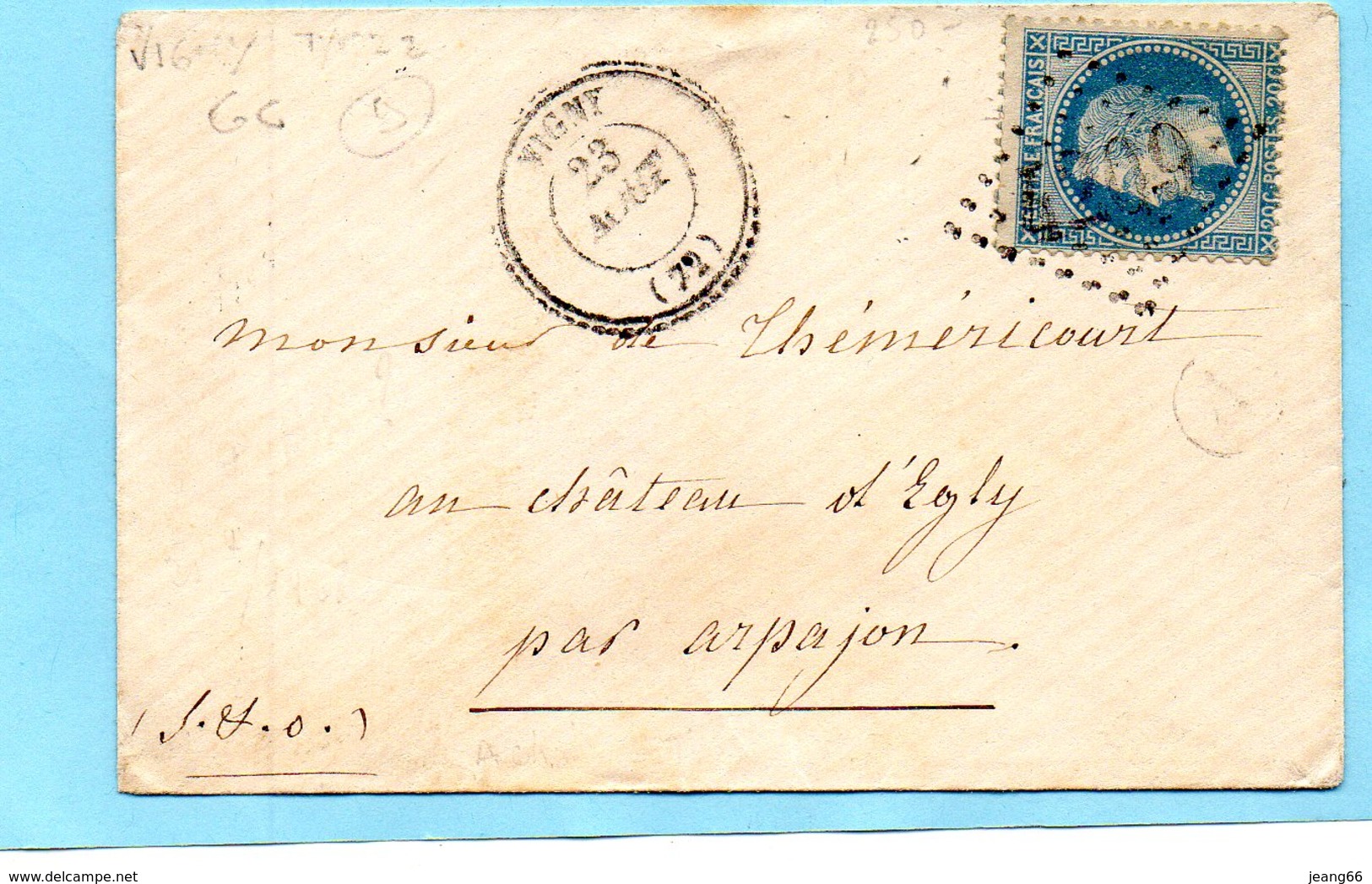 G.C. 4209 VIGNY (72) Sur N°29+cachet 22-L.S.C. Du 23/8/XX - 1849-1876: Période Classique