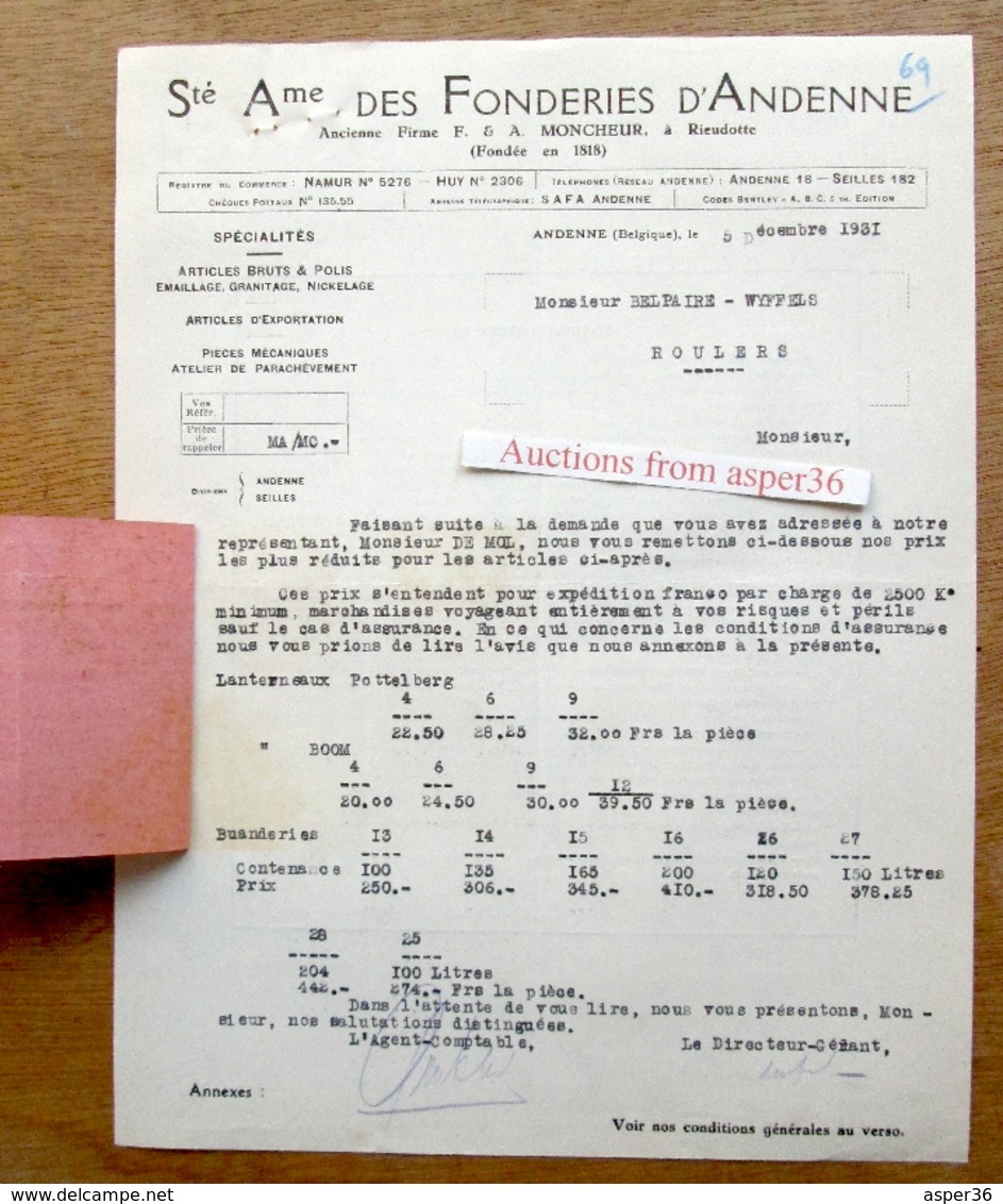 SA Des Fonderies D'Andenne, Ancienne Firme F & A Moncheur à Rieudotte, Andenne 1931 - 1900 – 1949