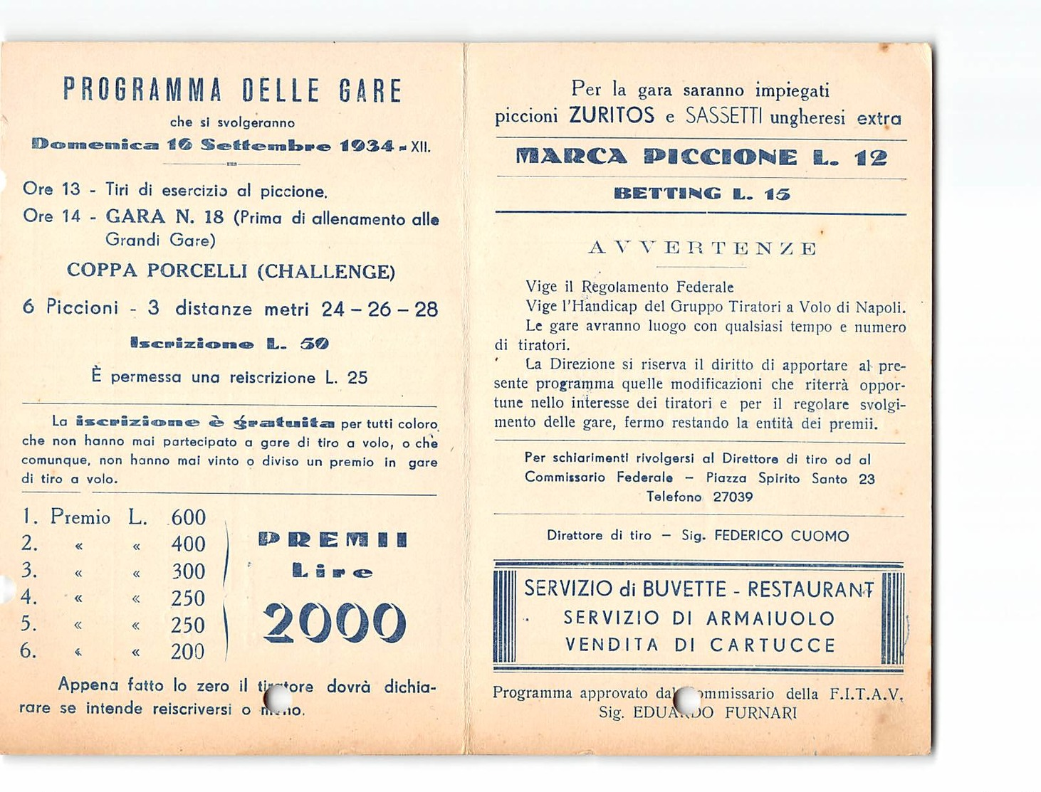 15365 GRUPPO TIRATORI A VOLO DI NAPOLI CAMPO TIRO AGNANO - PROGRAMMA DELLE GARE - PRESENTI BUCHI - Altri & Non Classificati