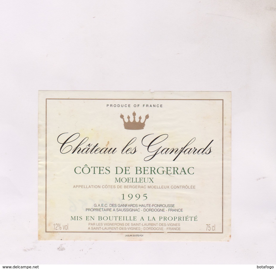 ETIQUETTE VIN BERGERAC, CHATEAU LES GANFARDS 1995! - Bergerac