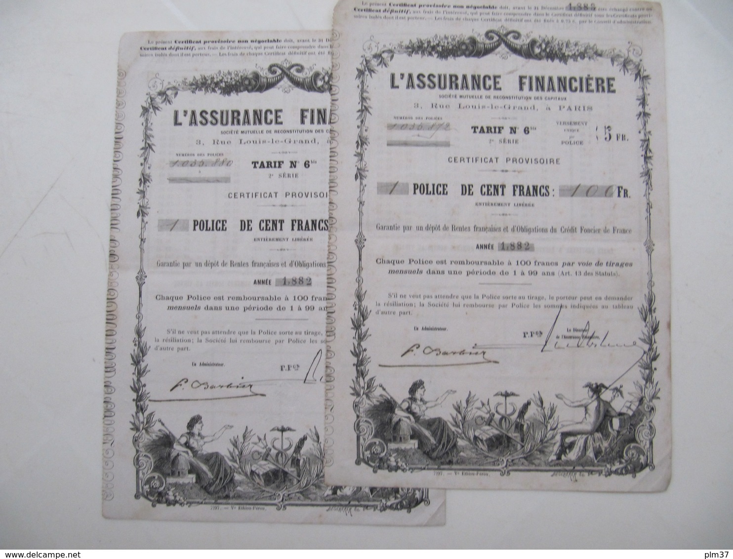 2 X Police De Cent Francs - Assurance Financière - Paris 1882 - Banque & Assurance