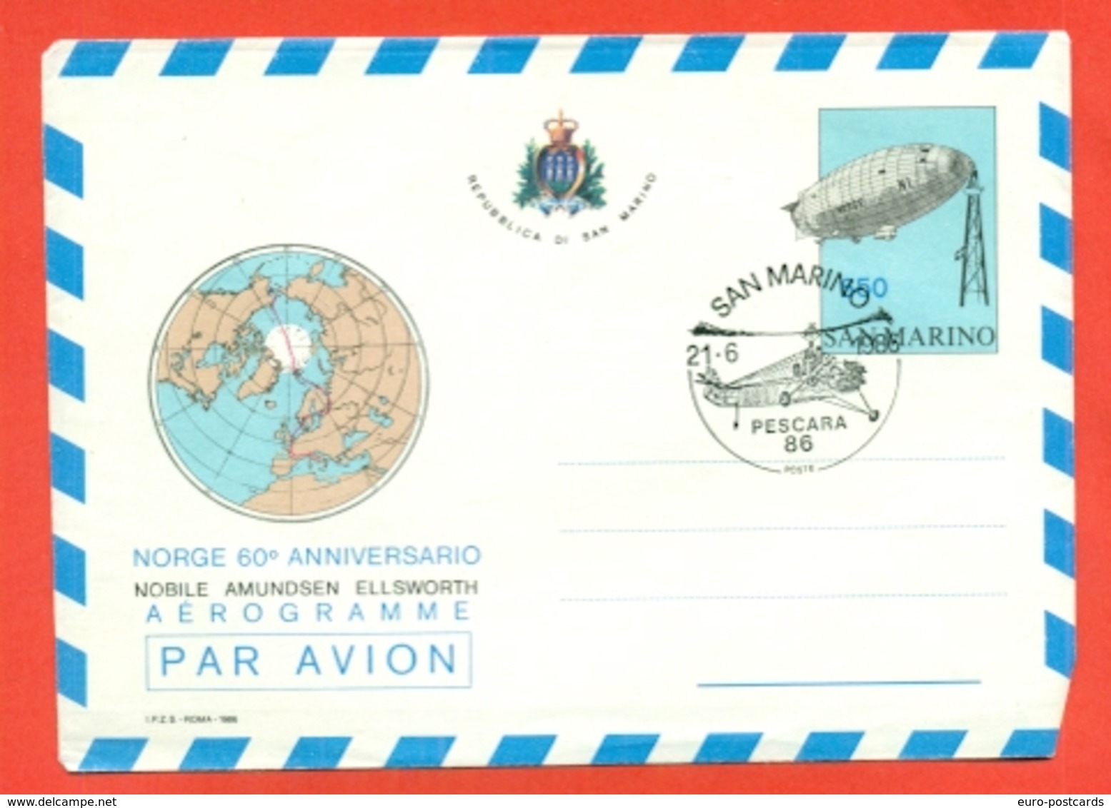 AVIAZIONE-DIRIGIBILI-SAN MARINO - 60° ANNIVERSARIO NORGE-NOBILE-AMUNDSEN-ELLSWORTH--airships- MARCOFILIA - Interi Postali