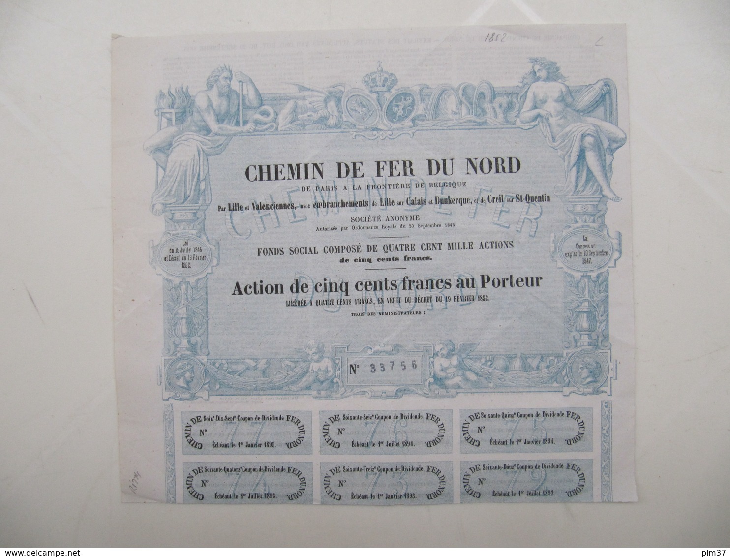 1 X Action De 500F - Chemin De Fer Du Nord - 1852 - Chemin De Fer & Tramway