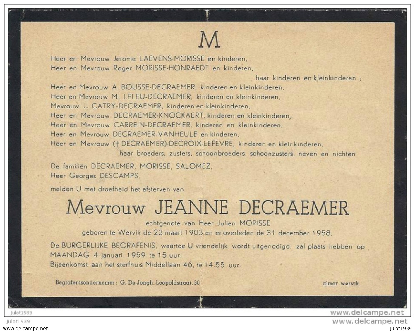 WERVIK ..-- Mw Jeanne DECRAEMER , Echtgenote Van  Heer Julien MORISSE . 1903 - 1958 . - Wervik