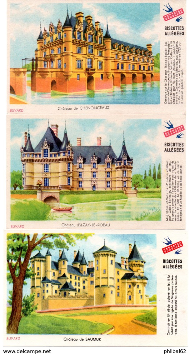 Lot De 3 Buvards Grégoire, Biscottes Allégées. Châteaux De Saumur, Azay Le Rideau, Chenonceaux. - Zwieback