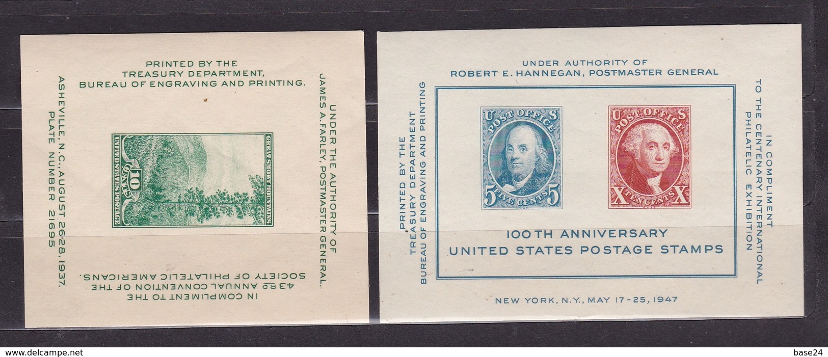 1937 1947 USA - U.S.A. 2 FOGLIETTI MNH** Esposizione Filatelica E 100° Anniversario Francobollo - Blocchi & Foglietti