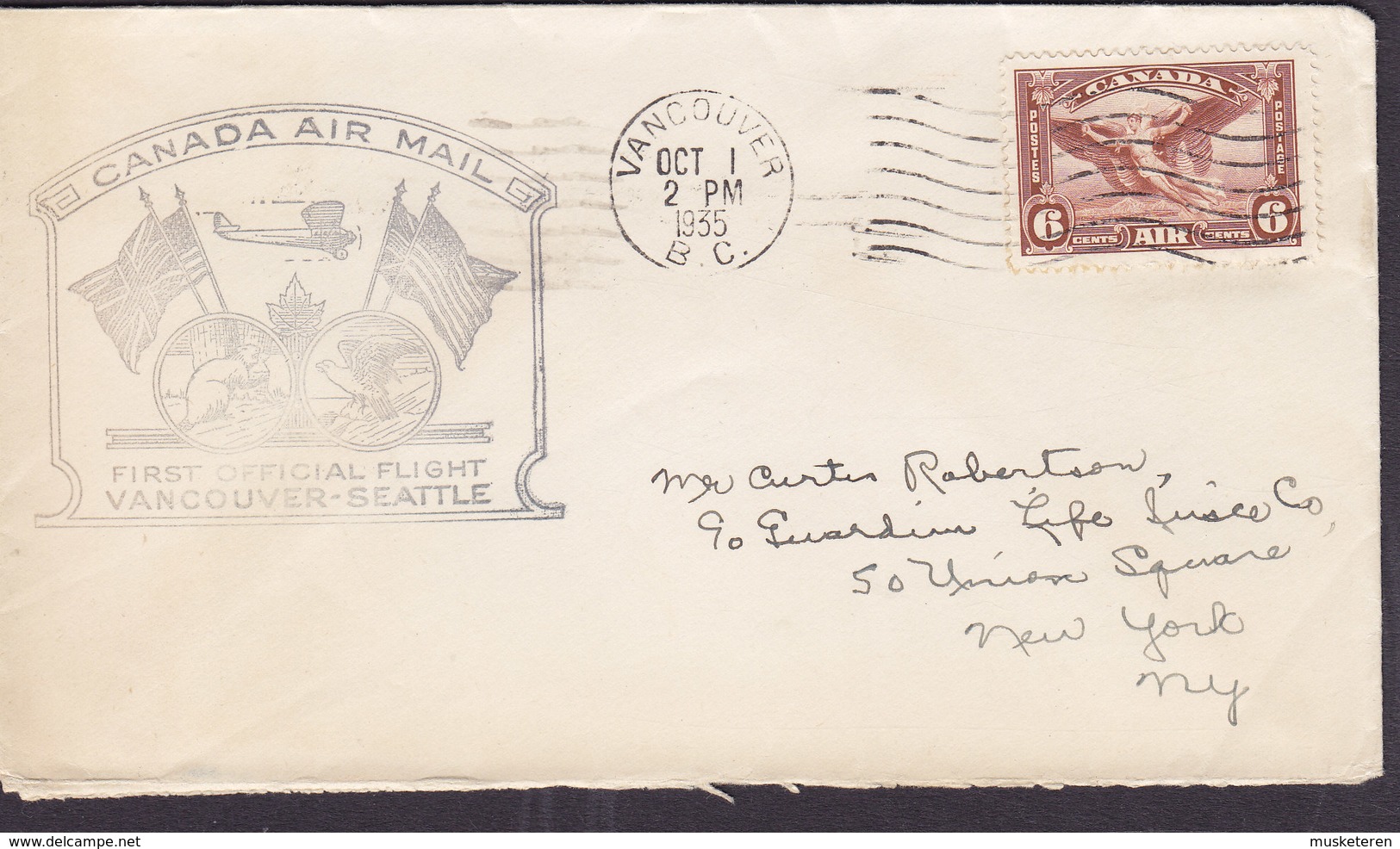 Canada Air Mail First Official Flight VANCOUVER - SEATTLE Vancouver 1935 Cover Brief NEW YORK Daidalos Dädalus - Premiers Vols