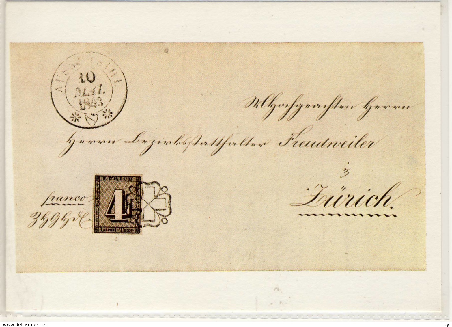 CP SUISSE  Lettre Datant De 1843 Revètue D'un (4 De Zurich ), Le Premier Timbre Suisse - Timbres (représentations)