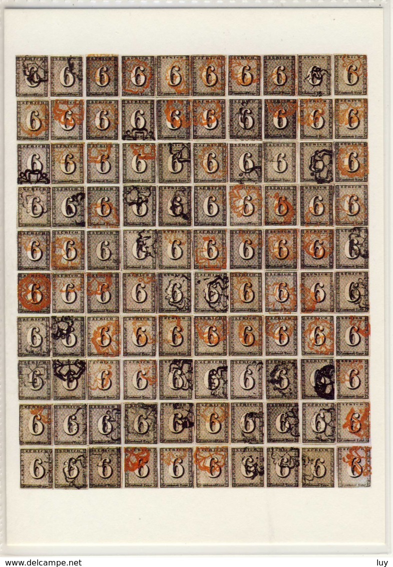 CP SUISSE  Reconstitution D'une Planche Lithographique De Cent ( 6 De Zurich ) 1843 - Timbres (représentations)