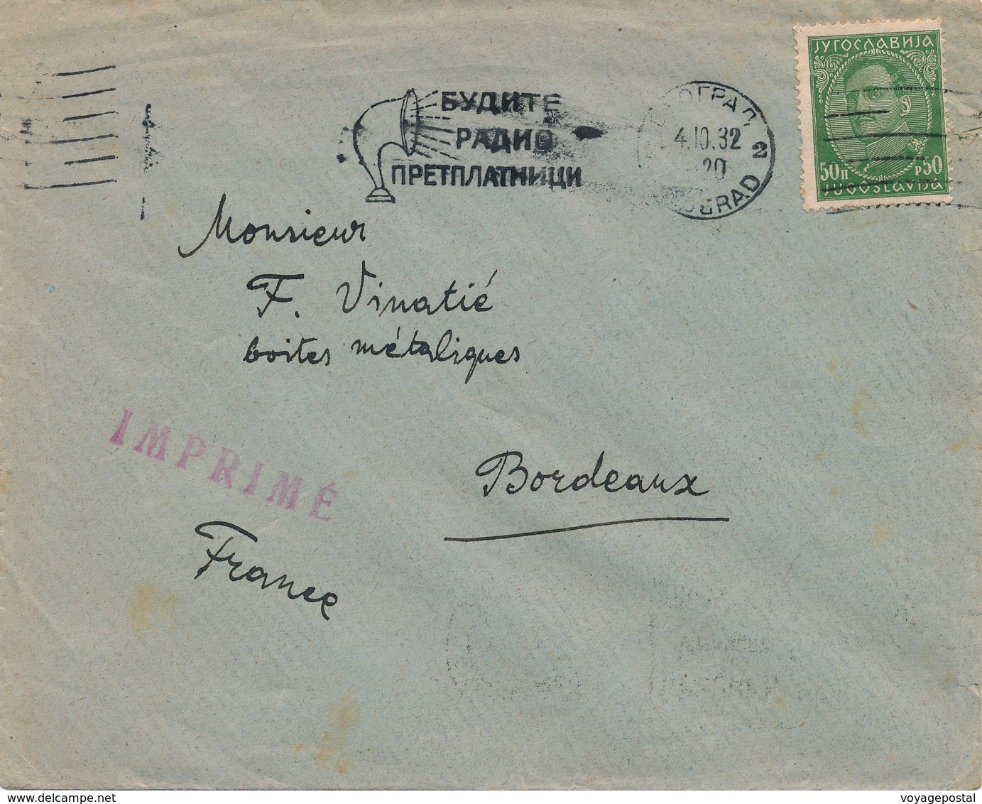 Lettre Belgrad Pour La France Tarif Imprimé - Covers & Documents