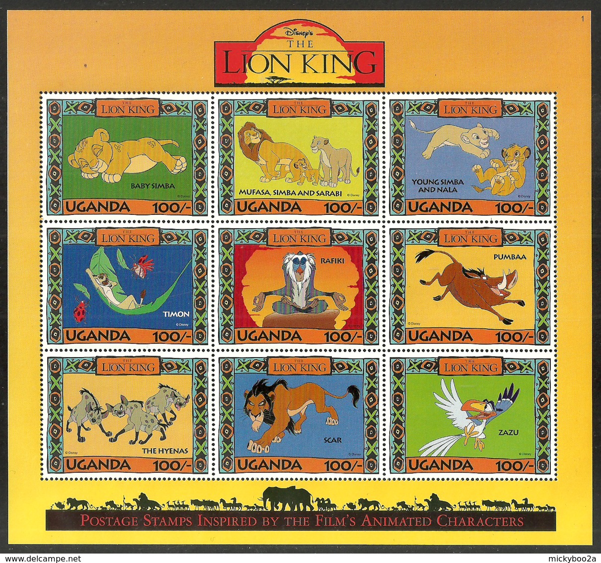 UGANDA 1994 DISNEY LION KING WILDLIFE ELEPHANTS BIRDS MONKEYS SET OF 6 M/SHEETS MNH