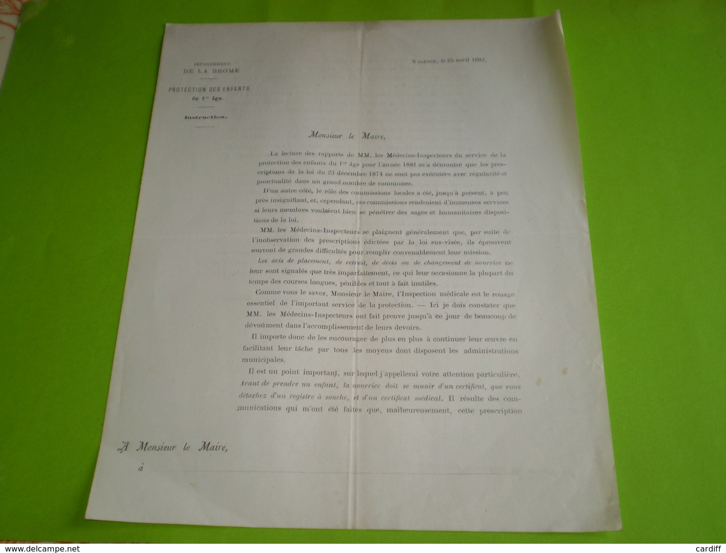 1882 Préfecture De La Drôme: Protection Des Enfants Du 1er âge,placement,retrait,changement De Nourrice,décès .. - Documents Historiques