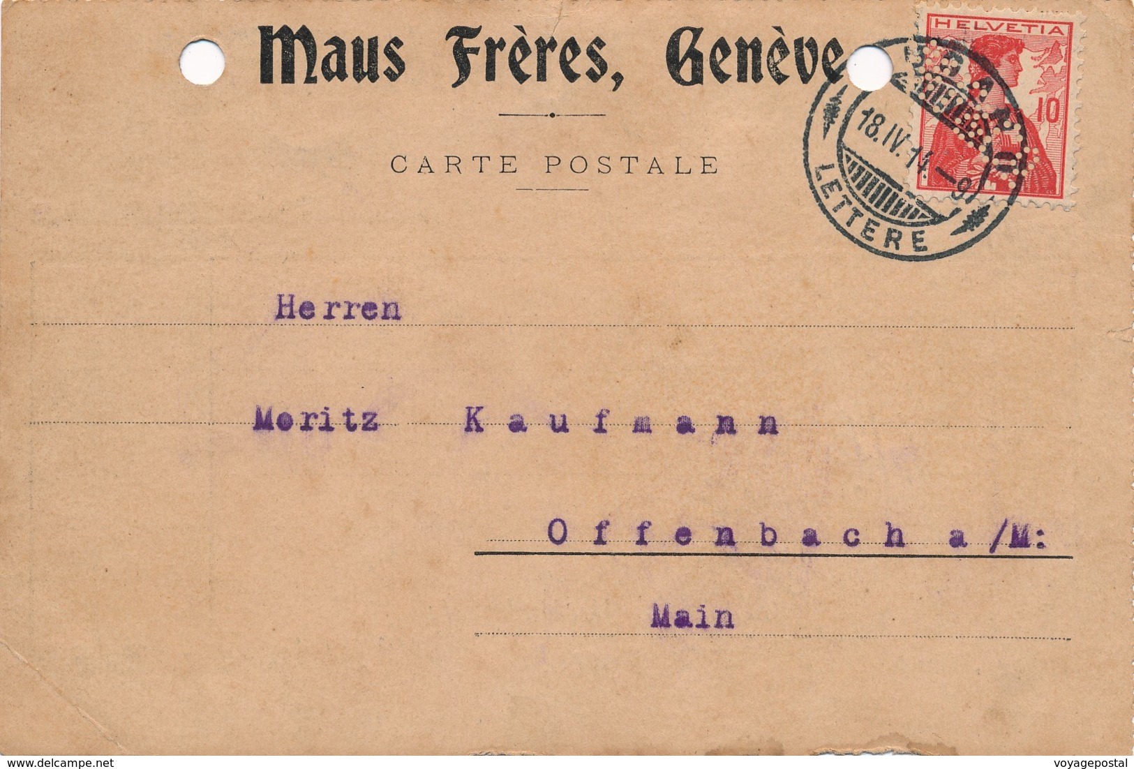 Carte Perfore Perfin Maus Freres Geneve Lugano Pour Offenbach - Perforés