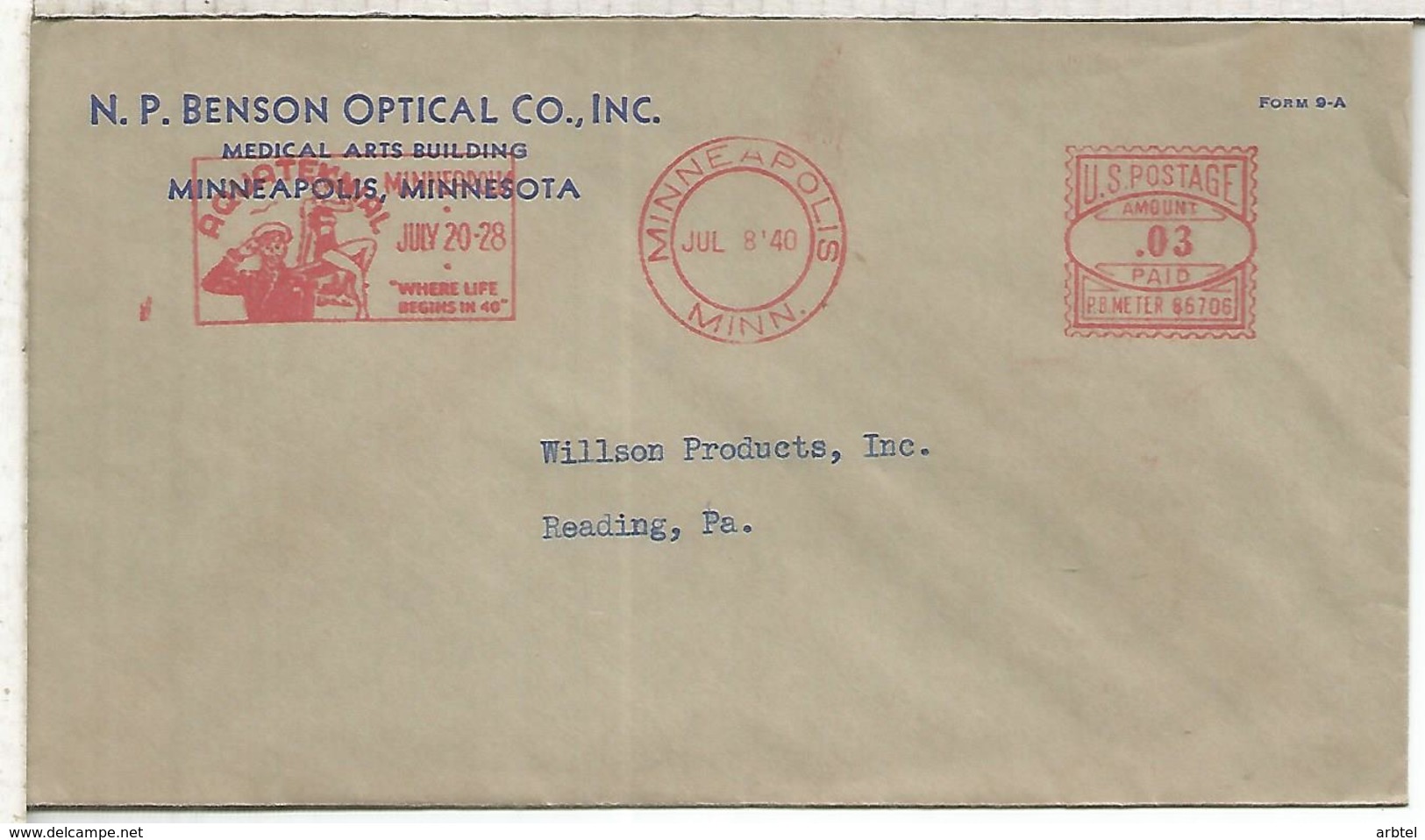 ESTADOS UNIDOS USA 1940 BENSON OPTICAL  MINNEAPOLIS AQUATENNIAL WATER FRANQUEO MECANICO METER - Environment & Climate Protection