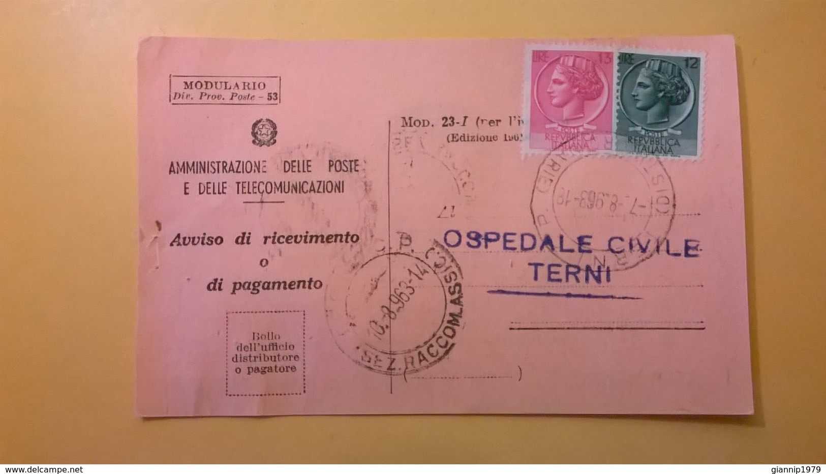 1963 AVVISO DI RICEVIMENTO O PAGAMENTO BOLLO SIRACUSANA - 1961-70: Marcofilie