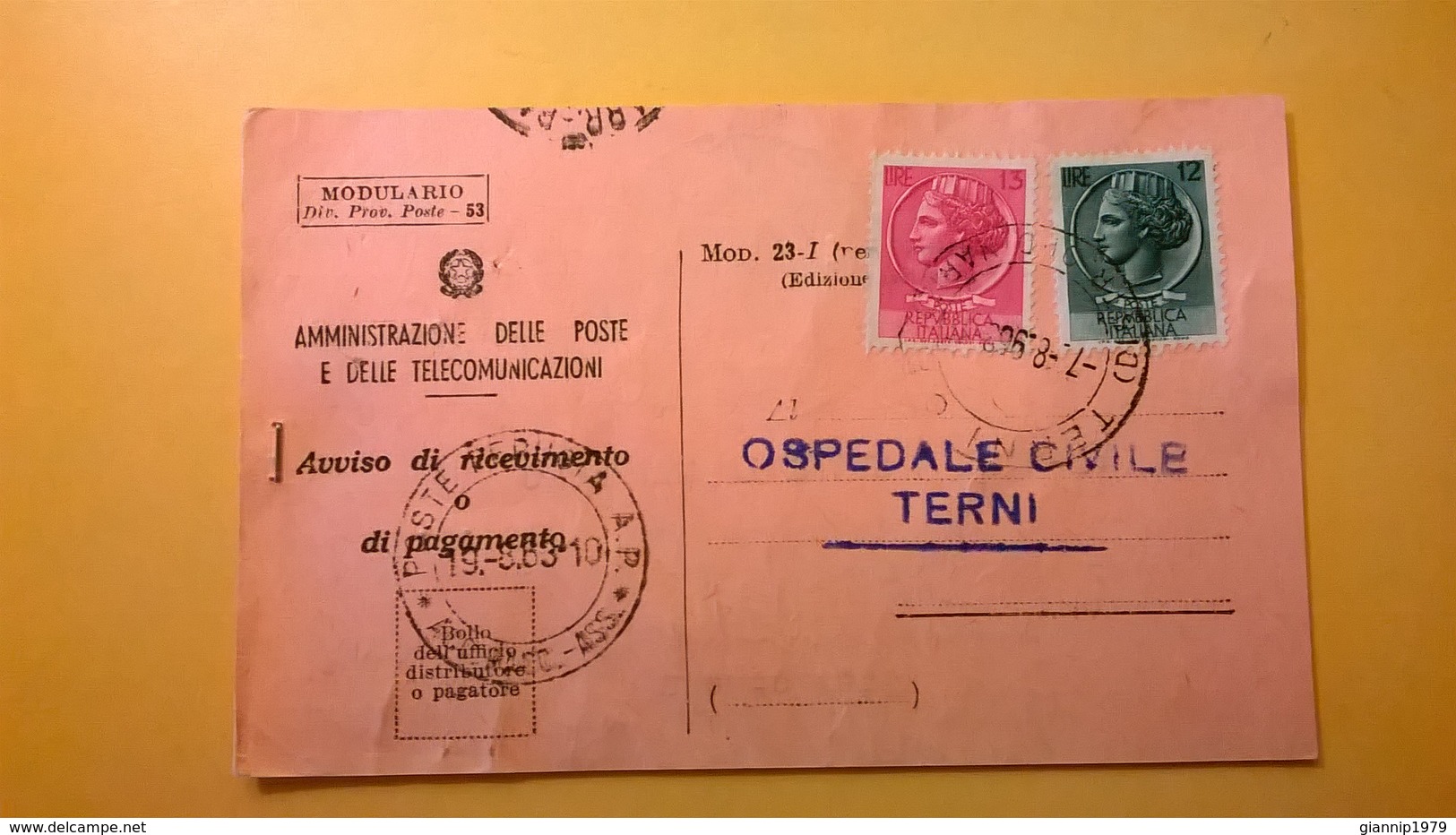 1963 AVVISO DI RICEVIMENTO O PAGAMENTO BOLLO SIRACUSANA - 1961-70: Storia Postale