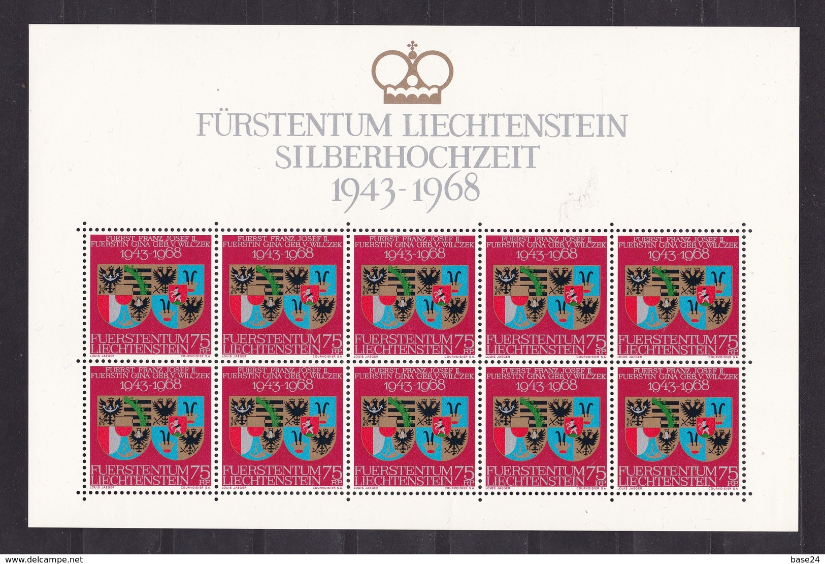 1968 Liechtenstein NOZZE D'ARGENTO  SILVER WEDDING 10 Serie (450) In Foglio MNH** Sheet COAT OF ARMS - Case Reali