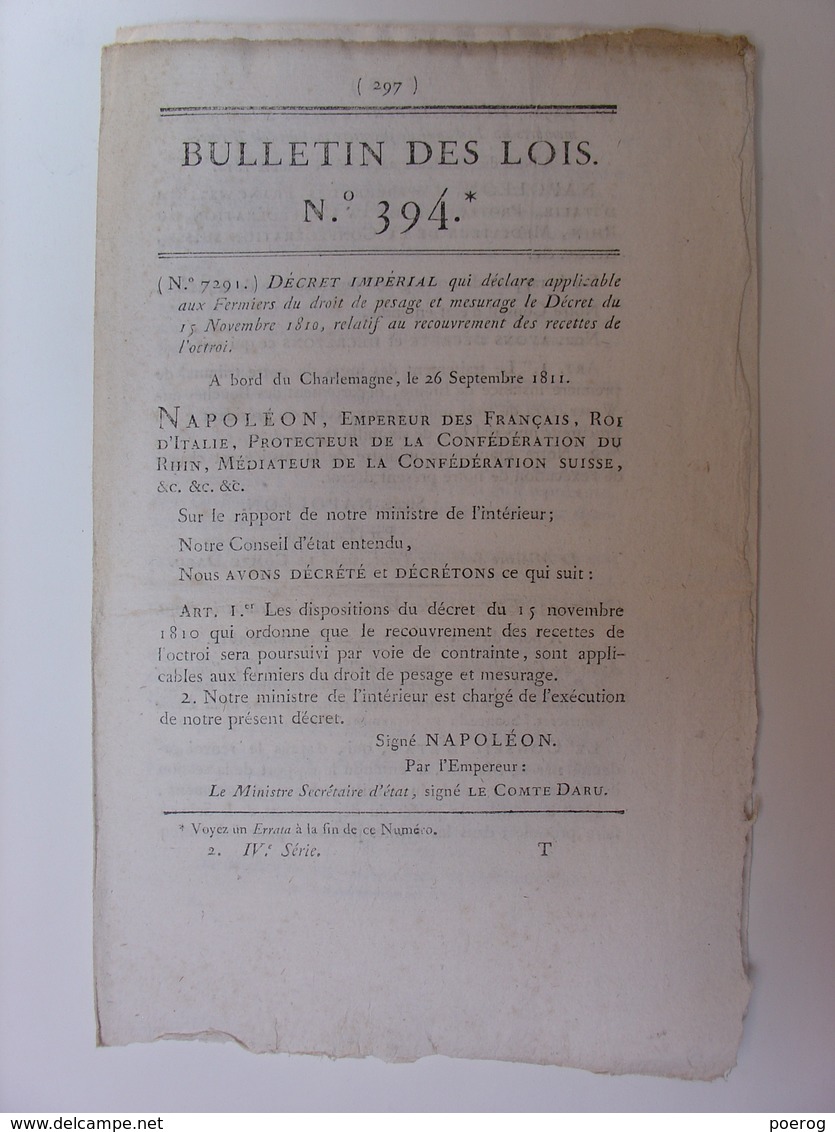 BULLETIN DES LOIS De 1811 - HOLLANDE MARINE - FERMIERS - BREME - SAINT SANTIN AVEYRON - NOIRMOUTIERS MANUFACTURE SOUDE - Gesetze & Erlasse