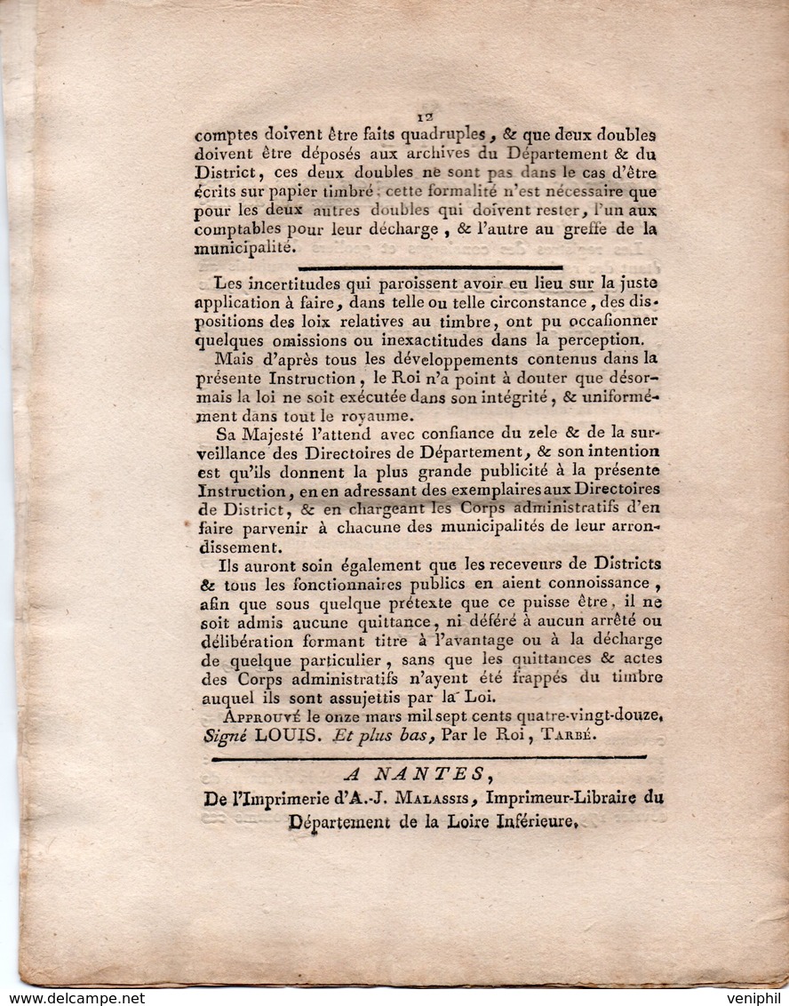 LOI ADDITIONNELLE  JUIN 1791 - INSTRUCTION SUR LE TIMBRE DOCUMENT DE 12 PAGES - Décrets & Lois