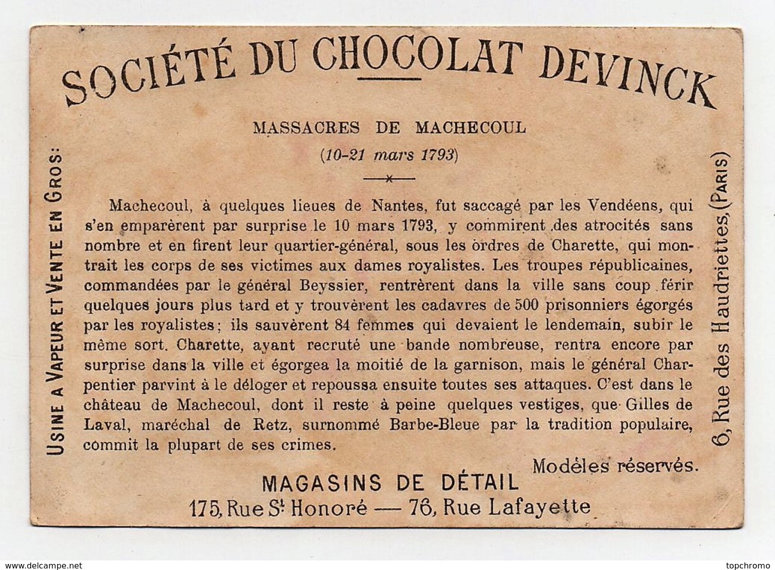 CHROMO Didactique Chocolat Devinck Histoire De France Massacres De Machecoul Nantes Vendéens Charette Beyssier Gilles De - Other & Unclassified