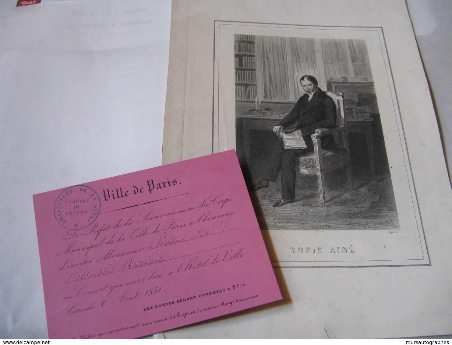 RARE CARTON D'INVITATION HOTEL DE VILLE DE PARIS CONCERT 1851 Fonds DUPIN AINE + PORTRAIT - Autres & Non Classés